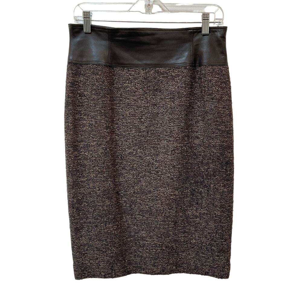 Lafayette 148 Leather Wool Blend Tweed Pencil Skirt Women's Size 6 Black Brown